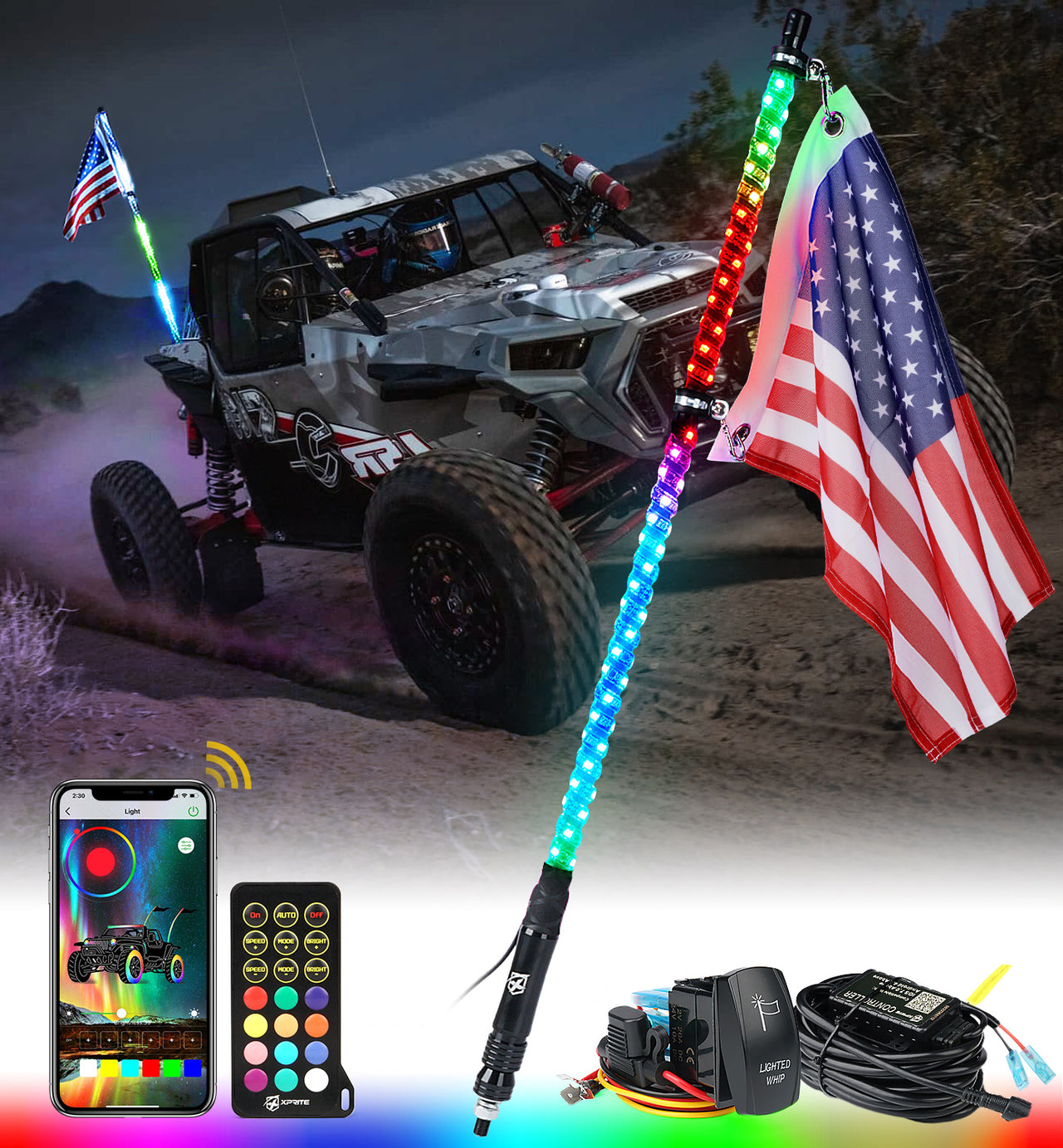 Luz de antena en espiral LED RGB con control remoto y Bluetooth Whip Light