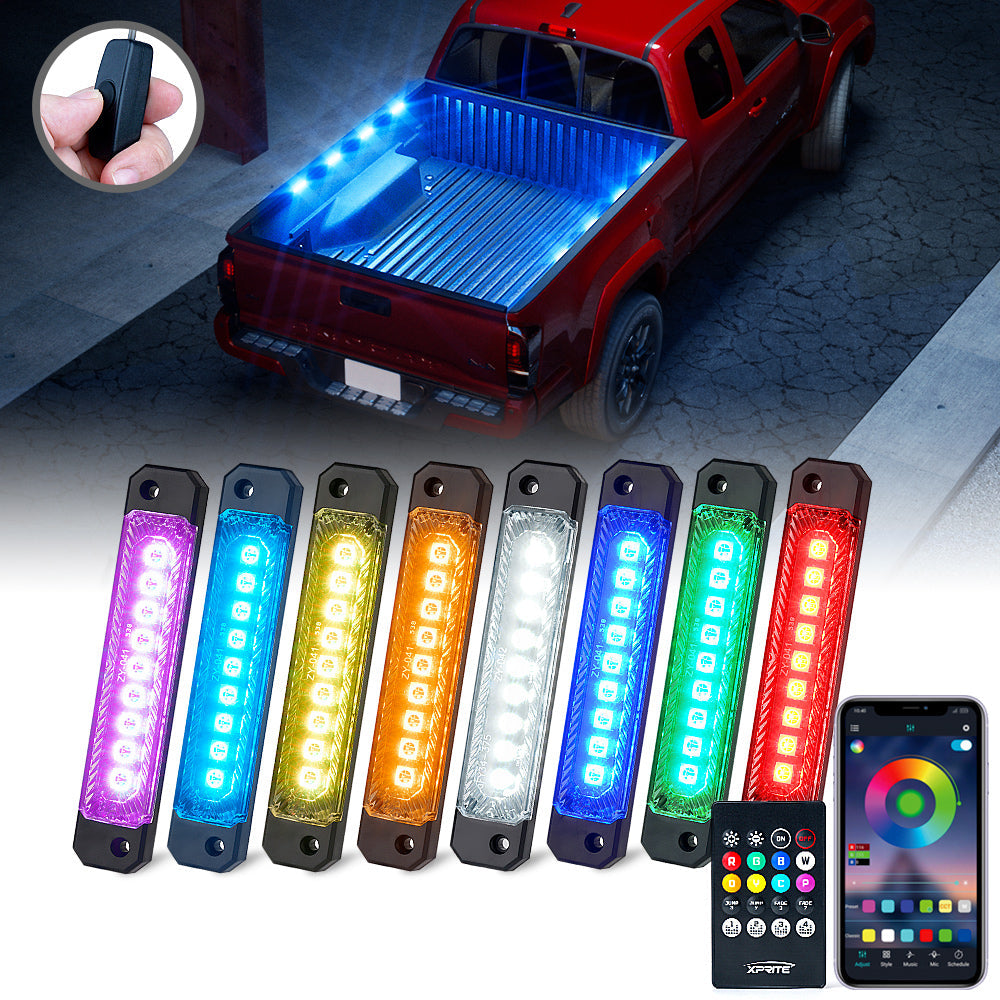 Set de 8 Módulos de Luces LED RGB Para Caja de Camioneta Pick Up con Interurptor y Bluetooth/Control Remoto Serie Focal Xprite