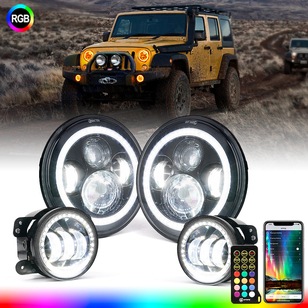 Combo de Faro LED 7’’ y Luz Antiniebla 4’’ Con Halo RGB Para Jeep Wrangler JK 2007-2018 Serie Aura Xprite