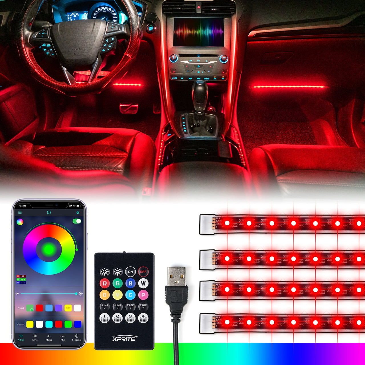 4PC LED Interior RGB Lights with Remote Control Celestial