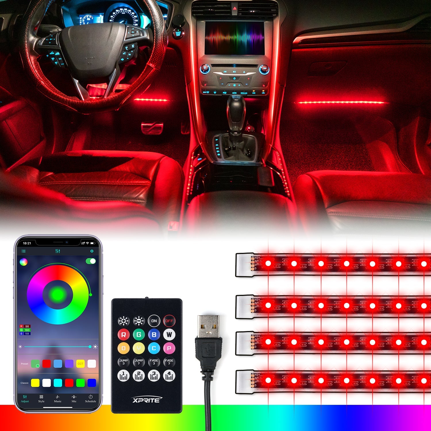 4PC LED Interior RGB Lights with Remote Control Celestial