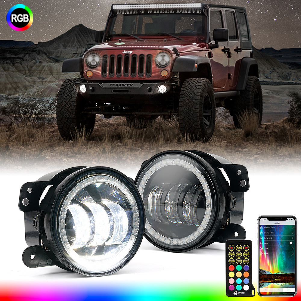 Luces Antiniebla LED de 4" con Halos RGB Bluetooth y Control Remoto G2 Para Jeep Wrangler JK/JL/JT 2007+ Xprite