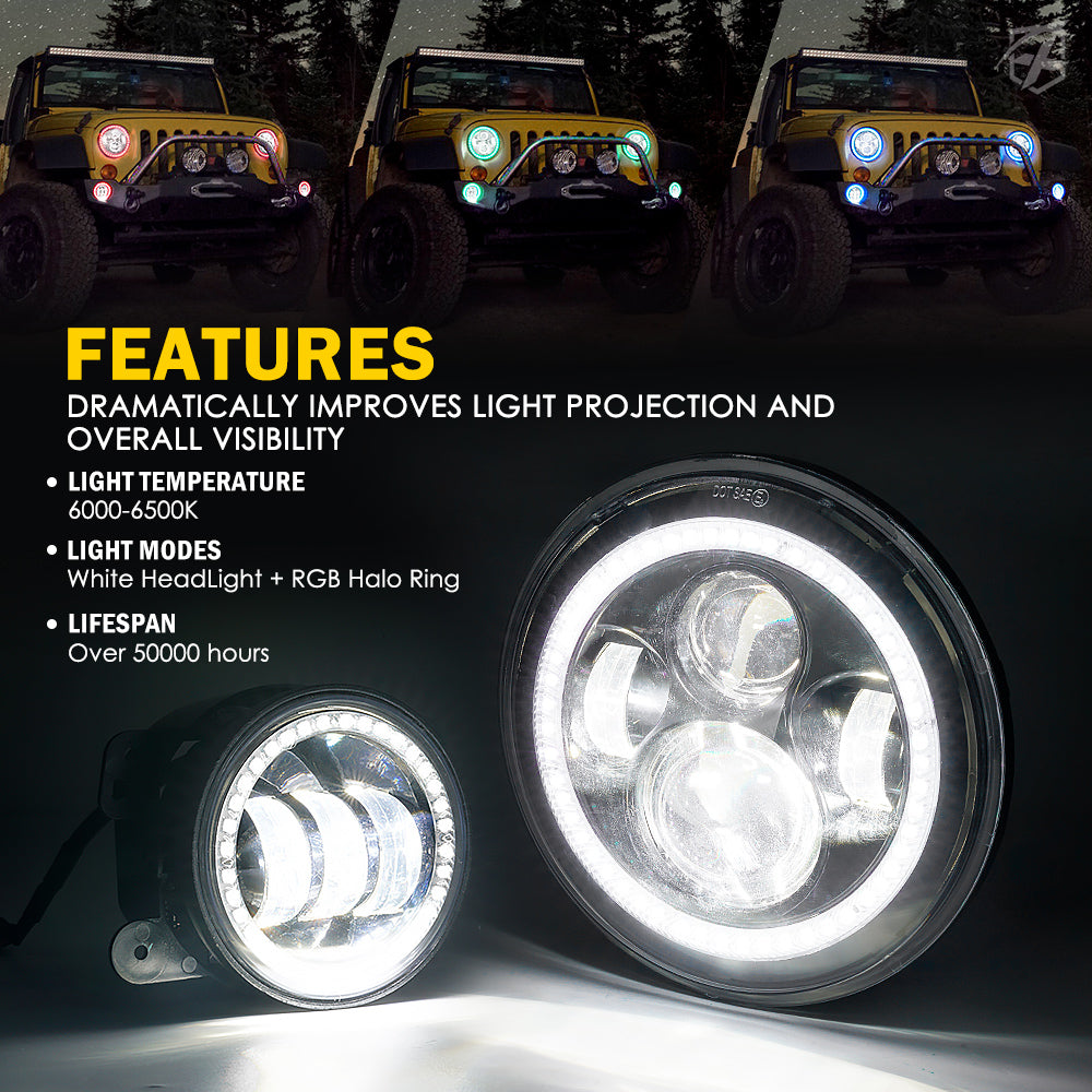 Combo de Faro LED 7’’ y Luz Antiniebla 4’’ Con Halo RGB Para Jeep Wrangler JK 2007-2018 Serie Aura Xprite