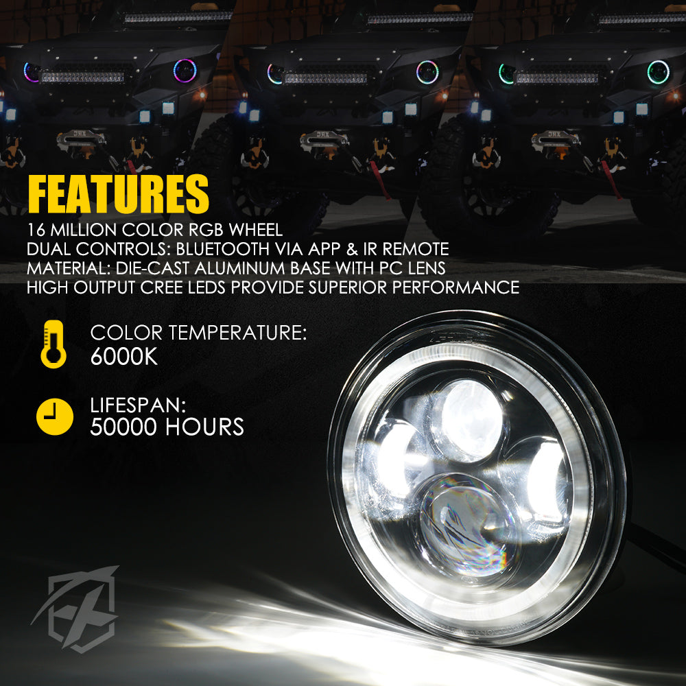 Faros Delanteros LED con Halo RGB Para Jeep Wrangler TJ JK 1997-2018 7’’ 90W G2 Serie Exhibit Xprite